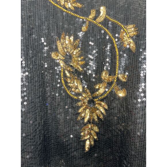 Vintage Sequin Silk Black With Sheer Sleeve Sweatheart Neckline Size Extra Large - Picture 6 of 10